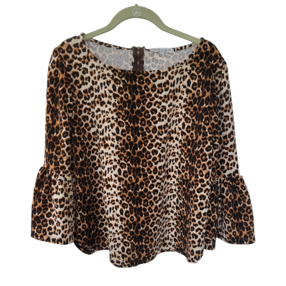 Green Envelope Leopard Print Bell Sleeve Top Large Boho Chic Baddie - Picture 2 of 12